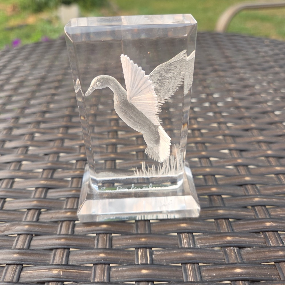 Vintage Signed Hand Carved Lucite Etched Mallard Duck Flying Paperweight Statue